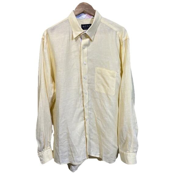 Mine 100% Linen Yellow Collared Long Sleeve Button Up Shirt Men's Sz XL Coastal - Picture 2 of 11